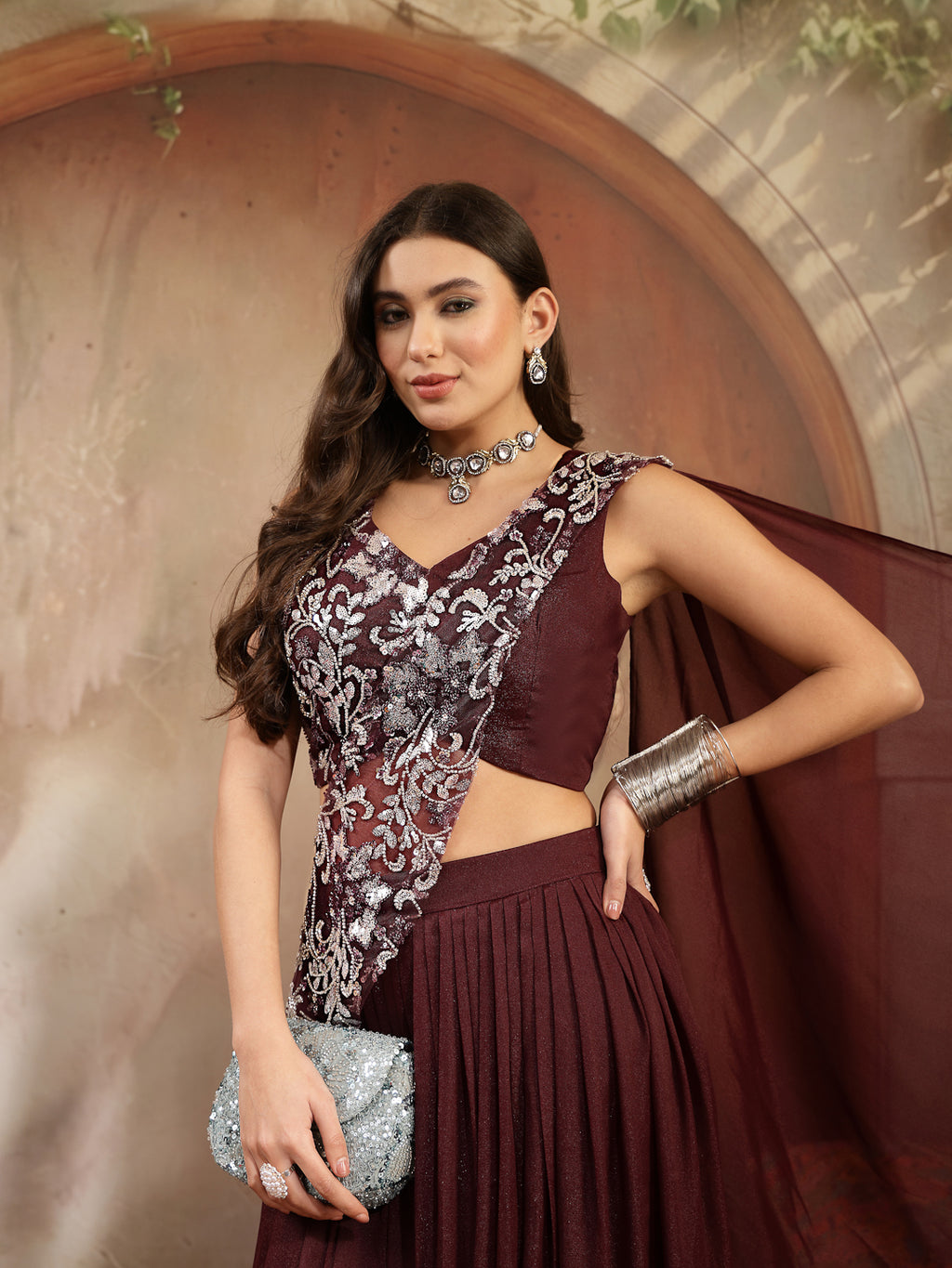 Women's Wine Solid & Embroidered Poly Georgette Lehenga Choli With Drape Dupatta