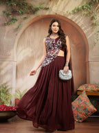 Women's Wine Solid & Embroidered Poly Georgette Lehenga Choli With Drape Dupatta