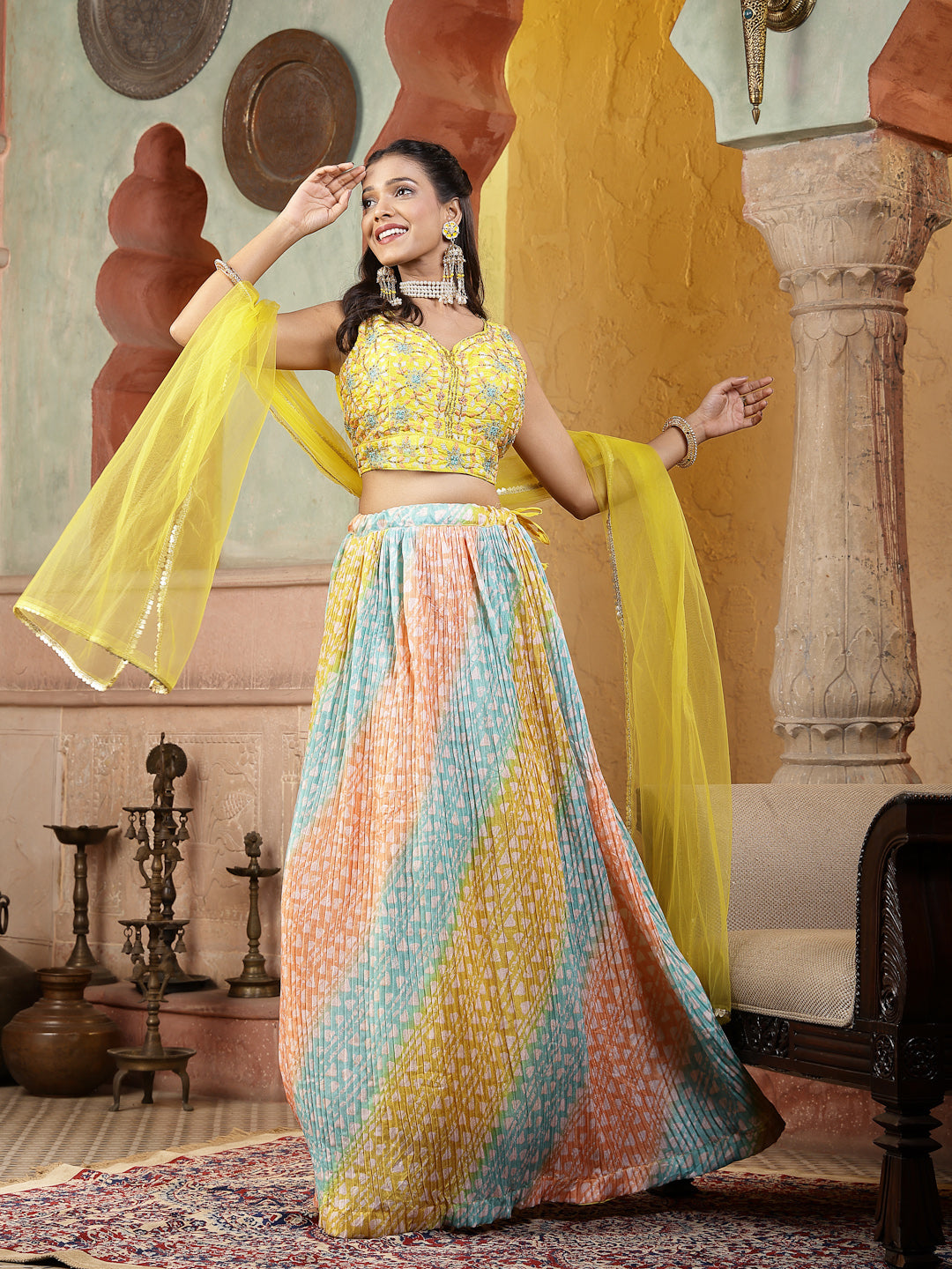 Women's Printed & Embroidered Silk Blend Lehenga Dupatta with Blouse