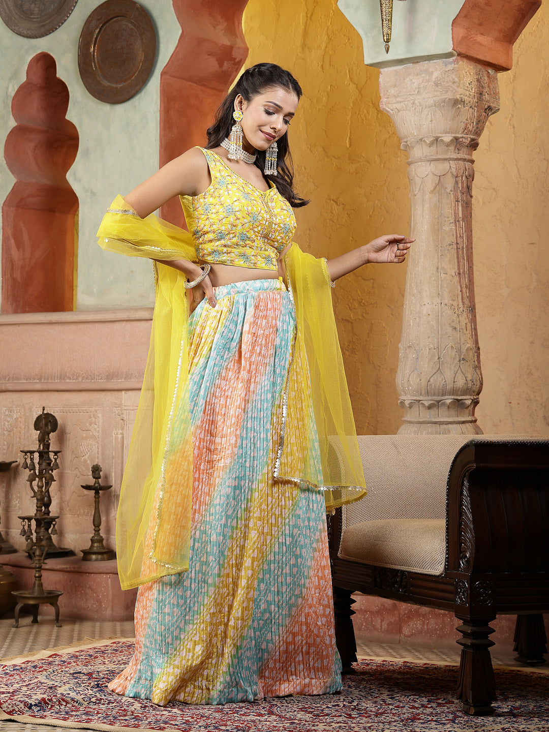 Women's Printed & Embroidered Silk Blend Lehenga Dupatta with Blouse