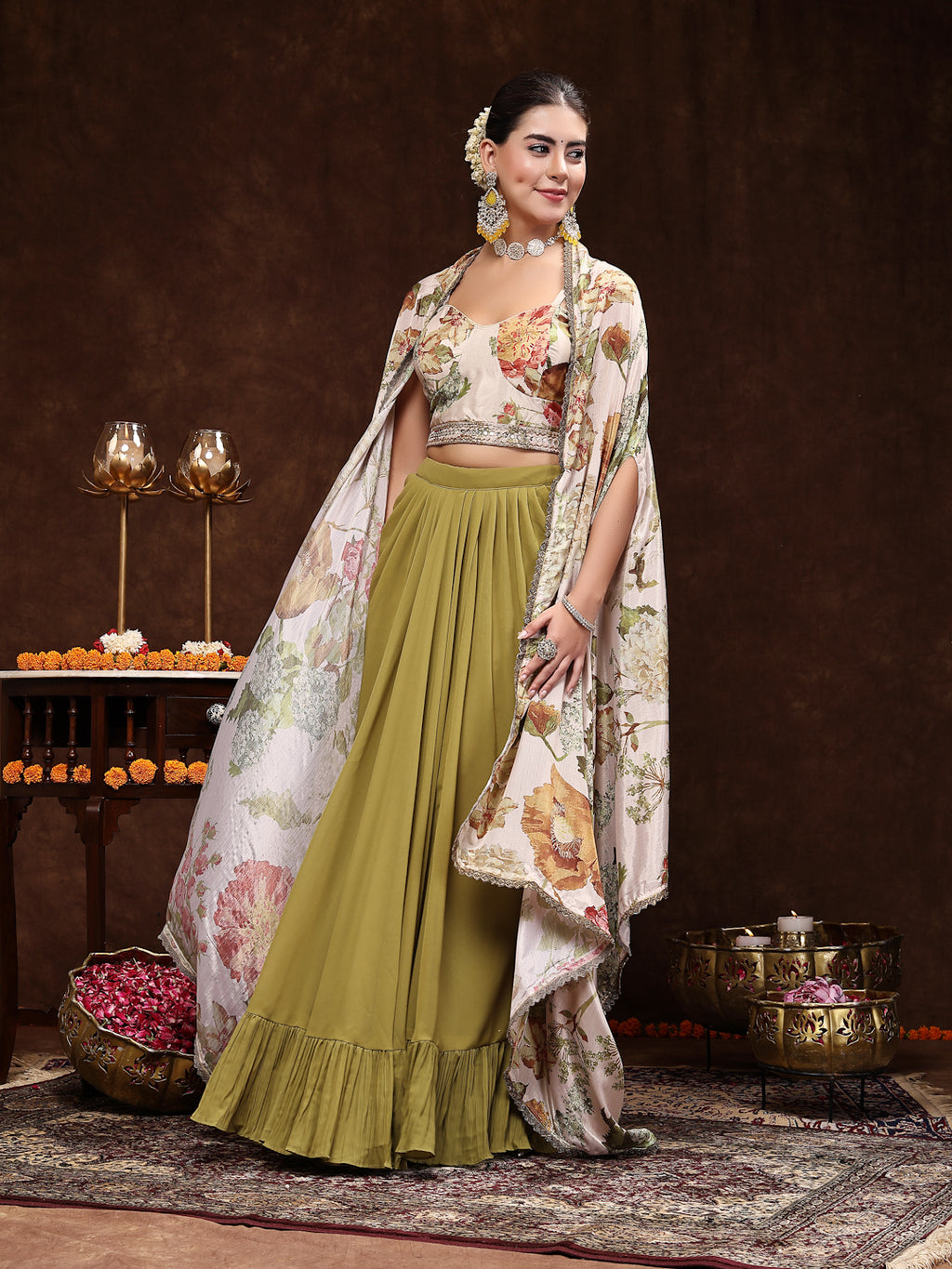 Women's Mehandi Printed Party Wear Georgette Skirt & Blouse with Jacket