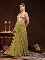 Women's Mehandi Printed Party Wear Georgette Skirt & Blouse with Jacket