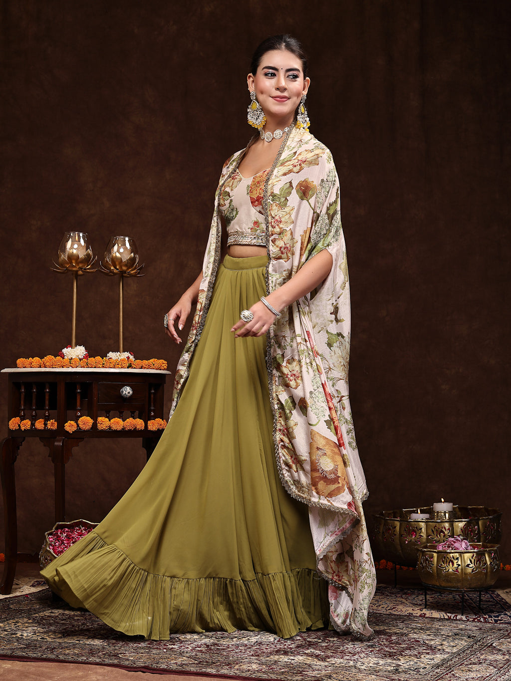 Women's Mehandi Printed Party Wear Georgette Skirt & Blouse with Jacket