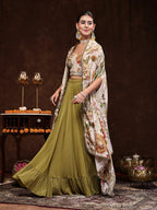 Women's Mehandi Printed Party Wear Georgette Skirt & Blouse with Jacket