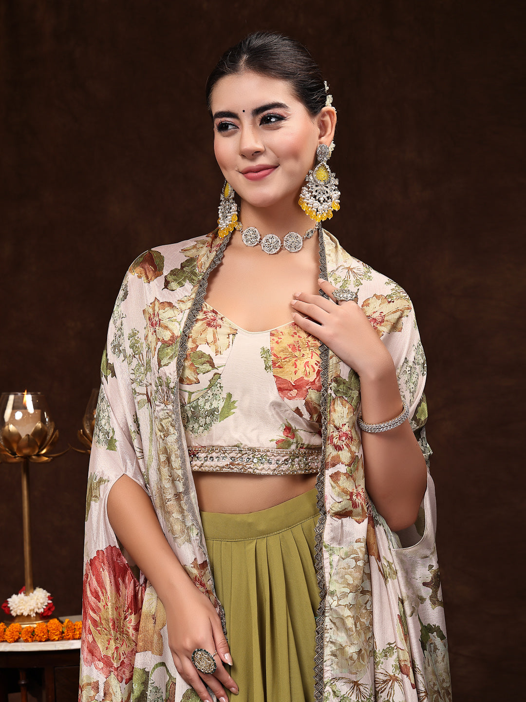 Women's Mehandi Printed Party Wear Georgette Skirt & Blouse with Jacket