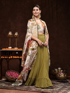 Women's Mehandi Printed Party Wear Georgette Skirt & Blouse with Jacket
