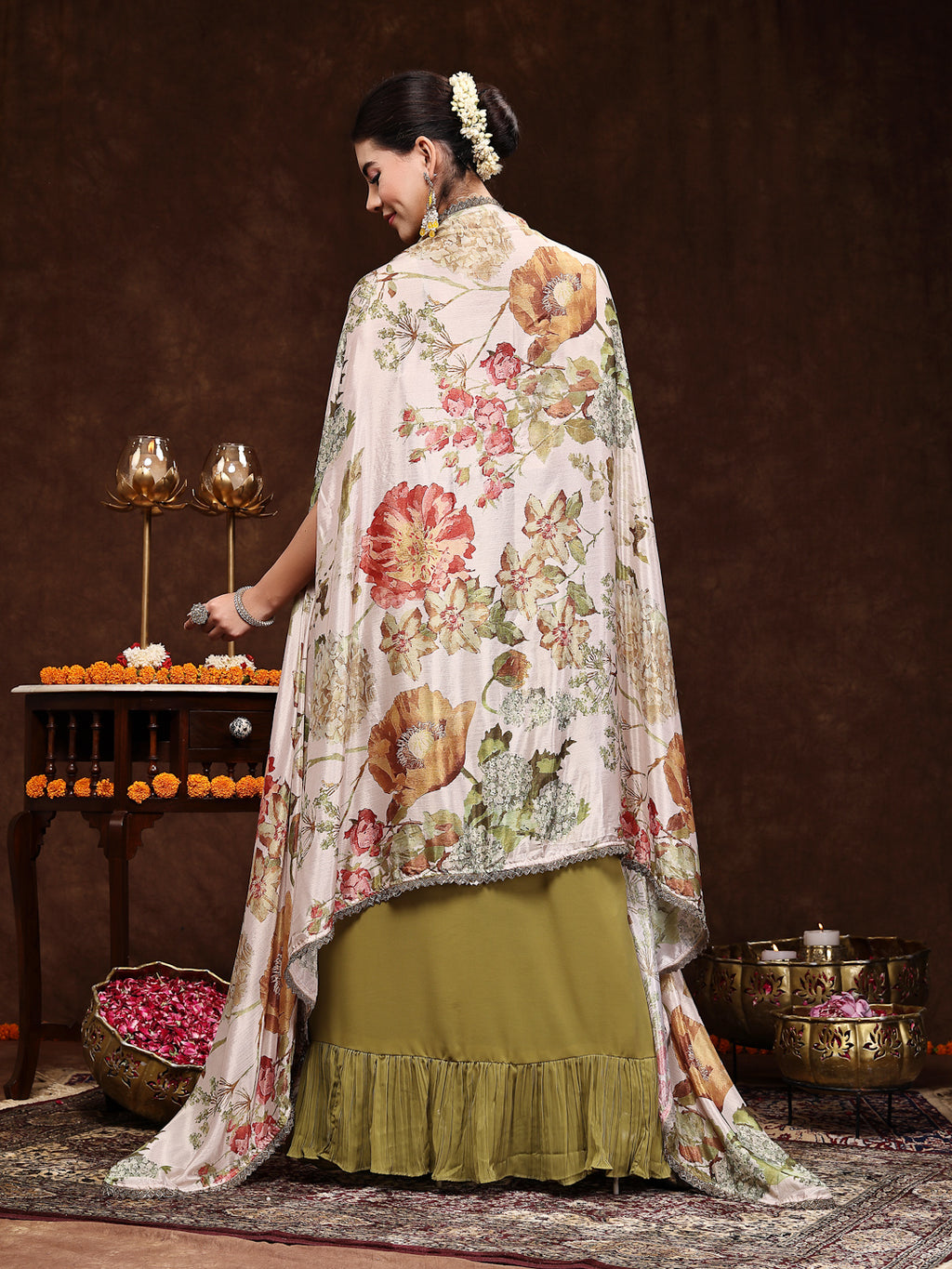Women's Mehandi Printed Party Wear Georgette Skirt & Blouse with Jacket