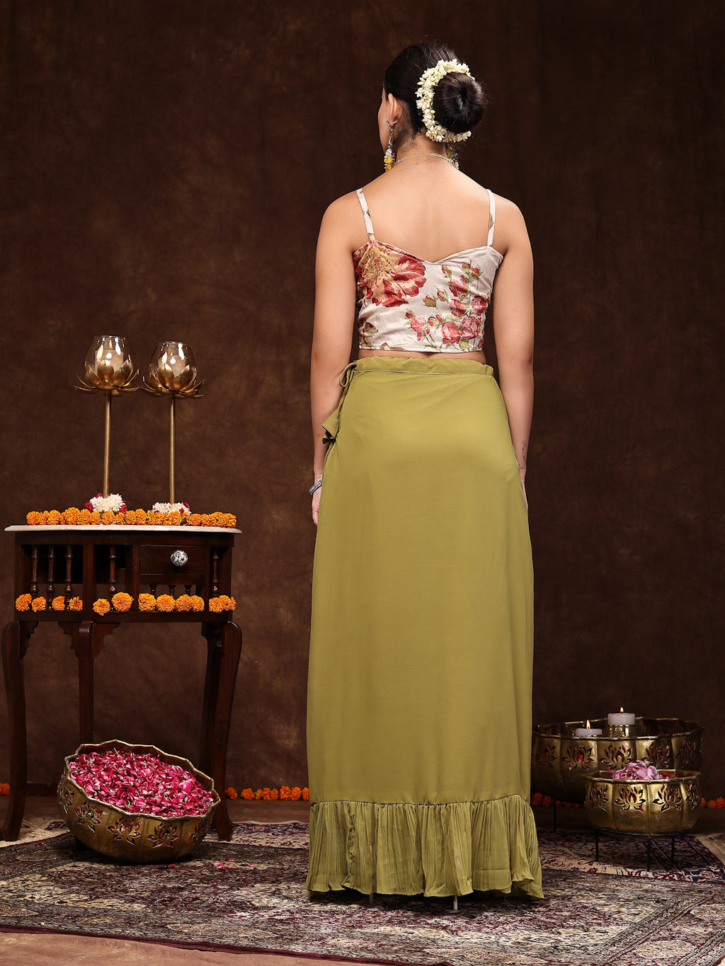 Women's Mehandi Printed Party Wear Georgette Skirt & Blouse with Jacket