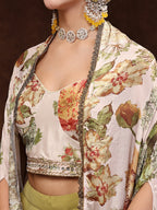 Women's Mehandi Printed Party Wear Georgette Skirt & Blouse with Jacket