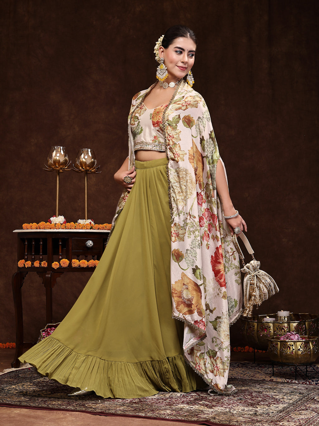 Women's Mehandi Printed Party Wear Georgette Skirt & Blouse with Jacket