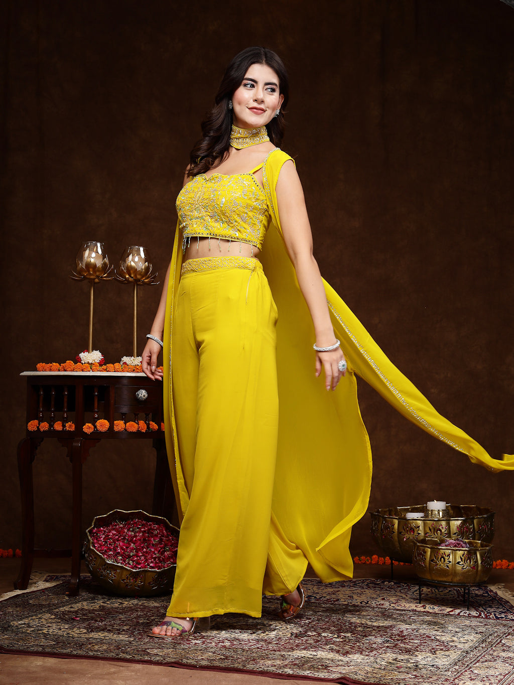 Women's Mustard Embellished Party Wear Georgette Palazzo & Blouse with Jacket