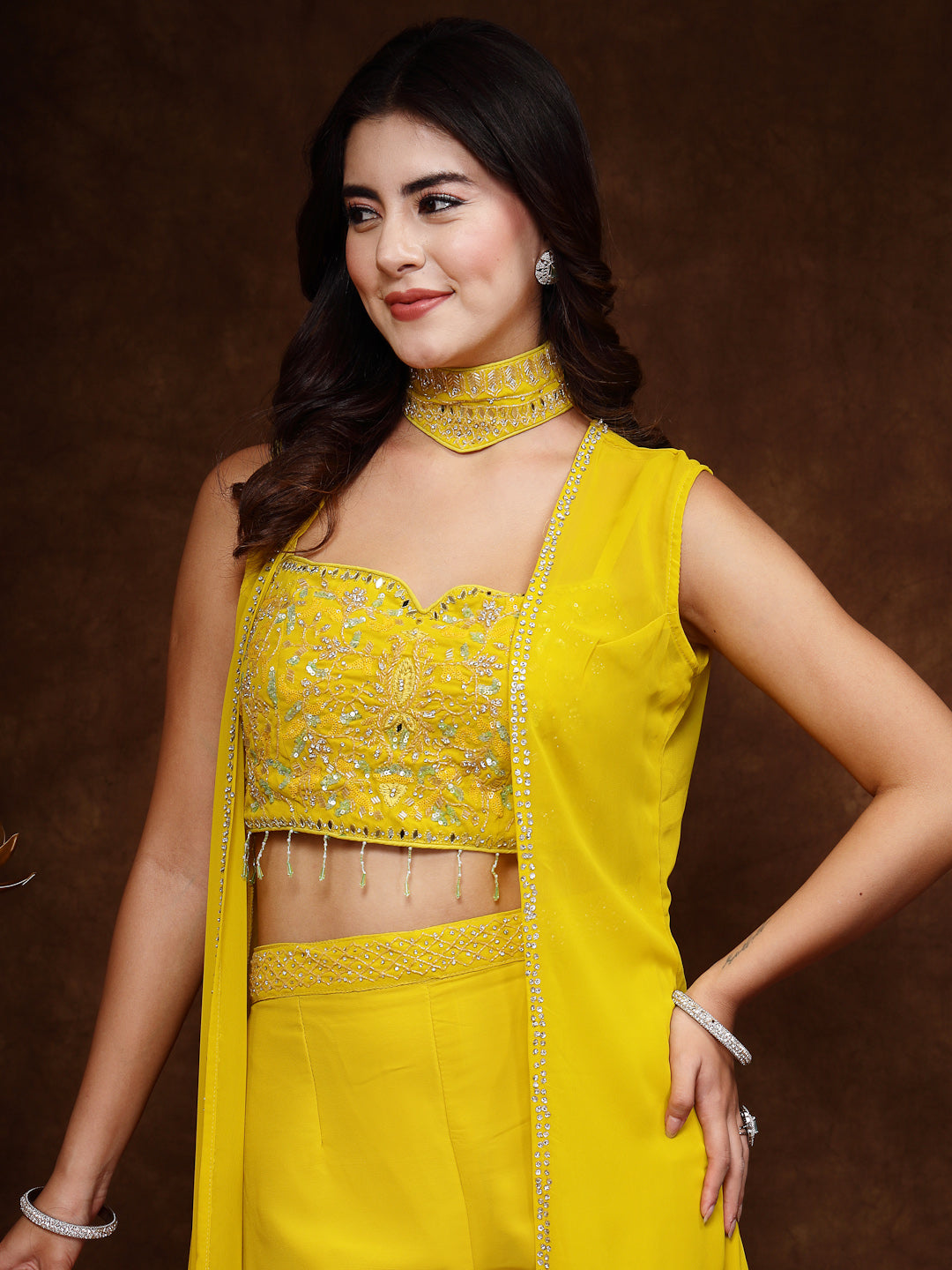 Women's Mustard Embellished Party Wear Georgette Palazzo & Blouse with Jacket