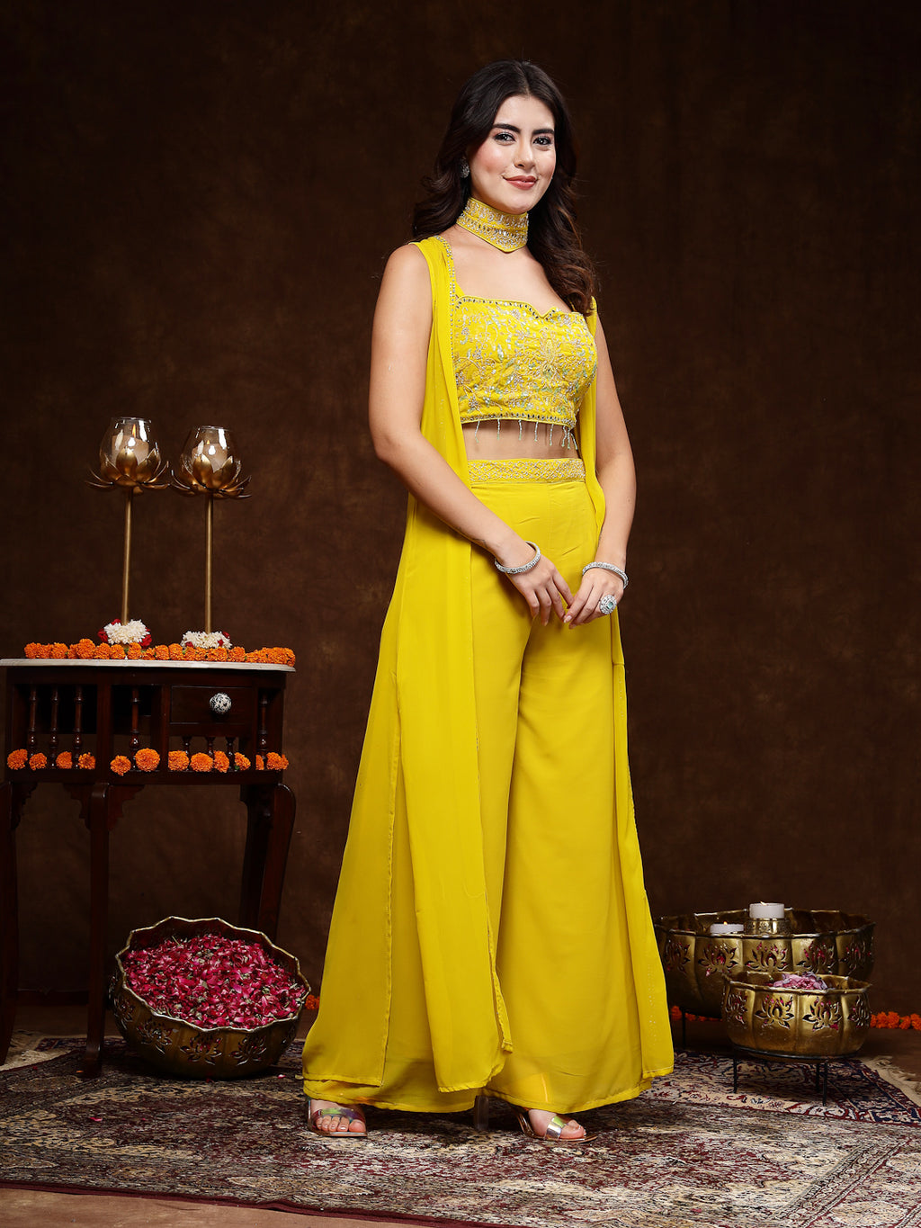 Women's Mustard Embellished Party Wear Georgette Palazzo & Blouse with Jacket