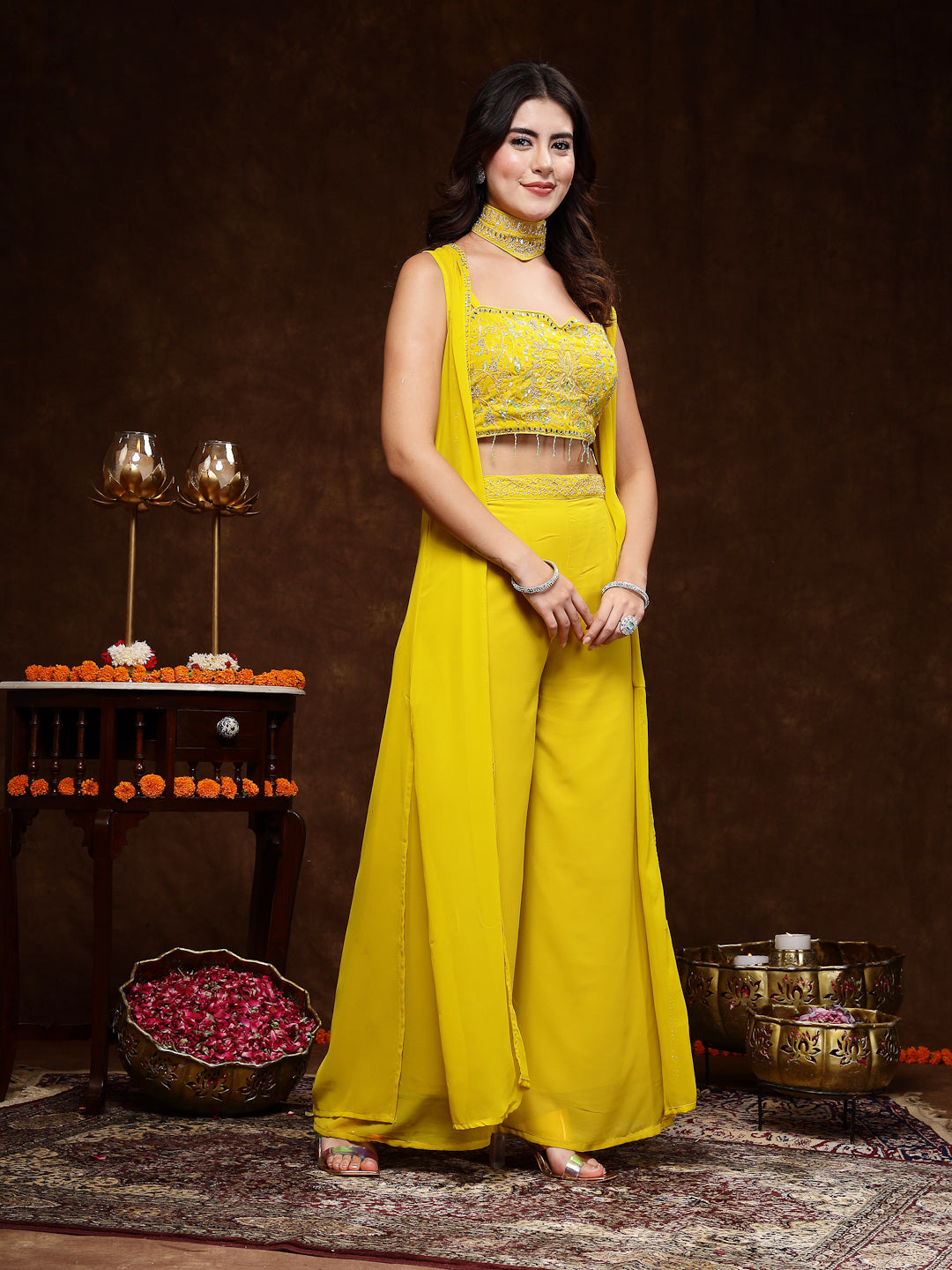 Women's Mustard Embellished Party Wear Georgette Palazzo & Blouse with Jacket