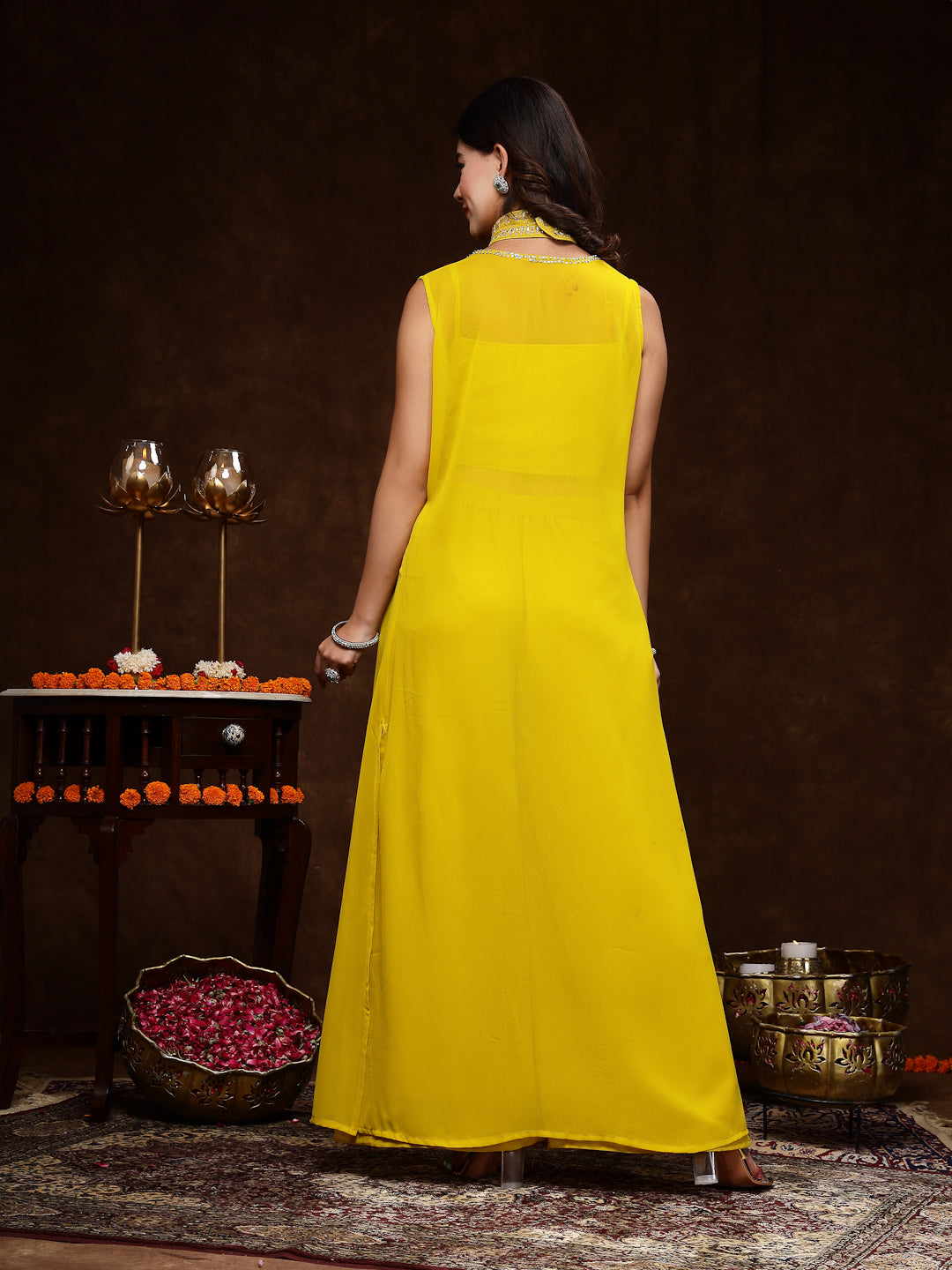 Women's Mustard Embellished Party Wear Georgette Palazzo & Blouse with Jacket