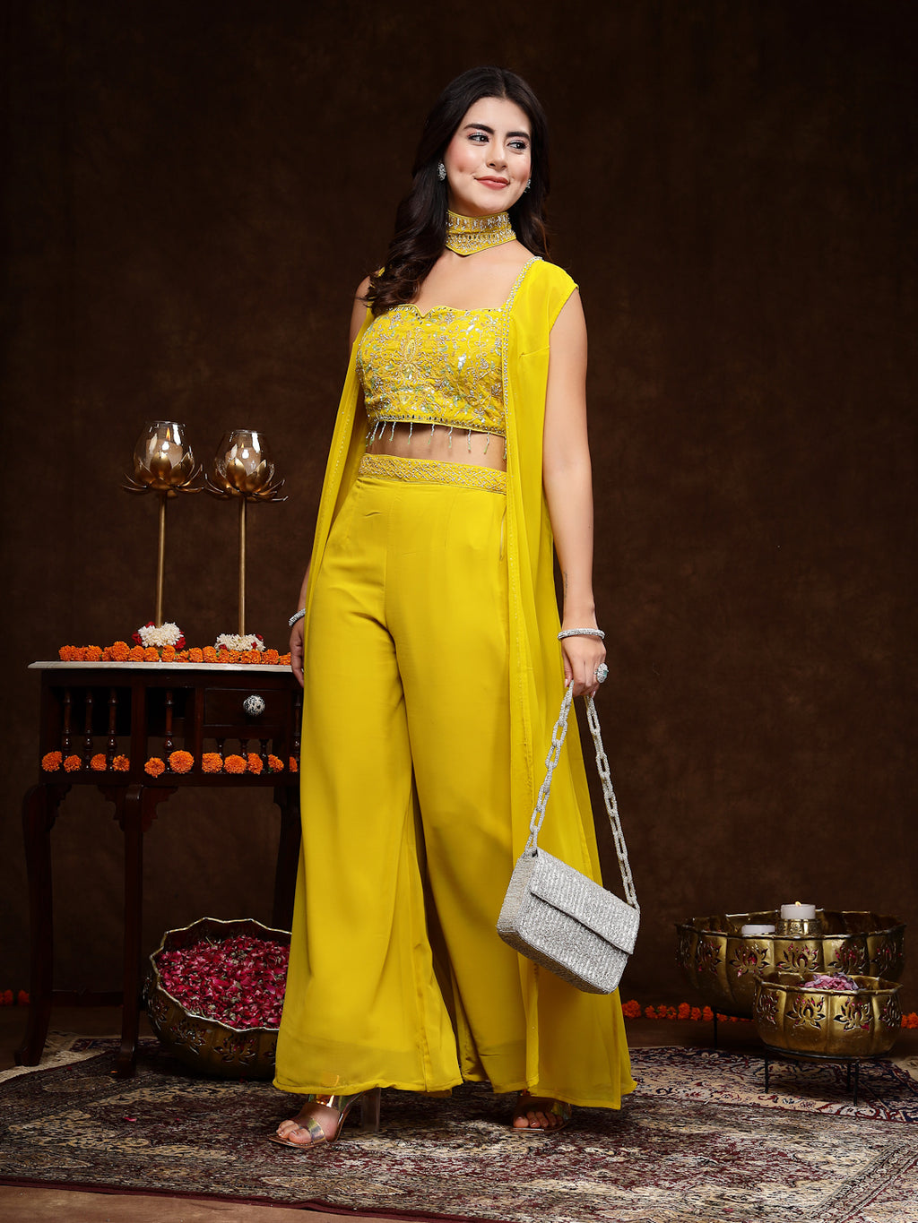 Women's Mustard Embellished Party Wear Georgette Palazzo & Blouse with Jacket