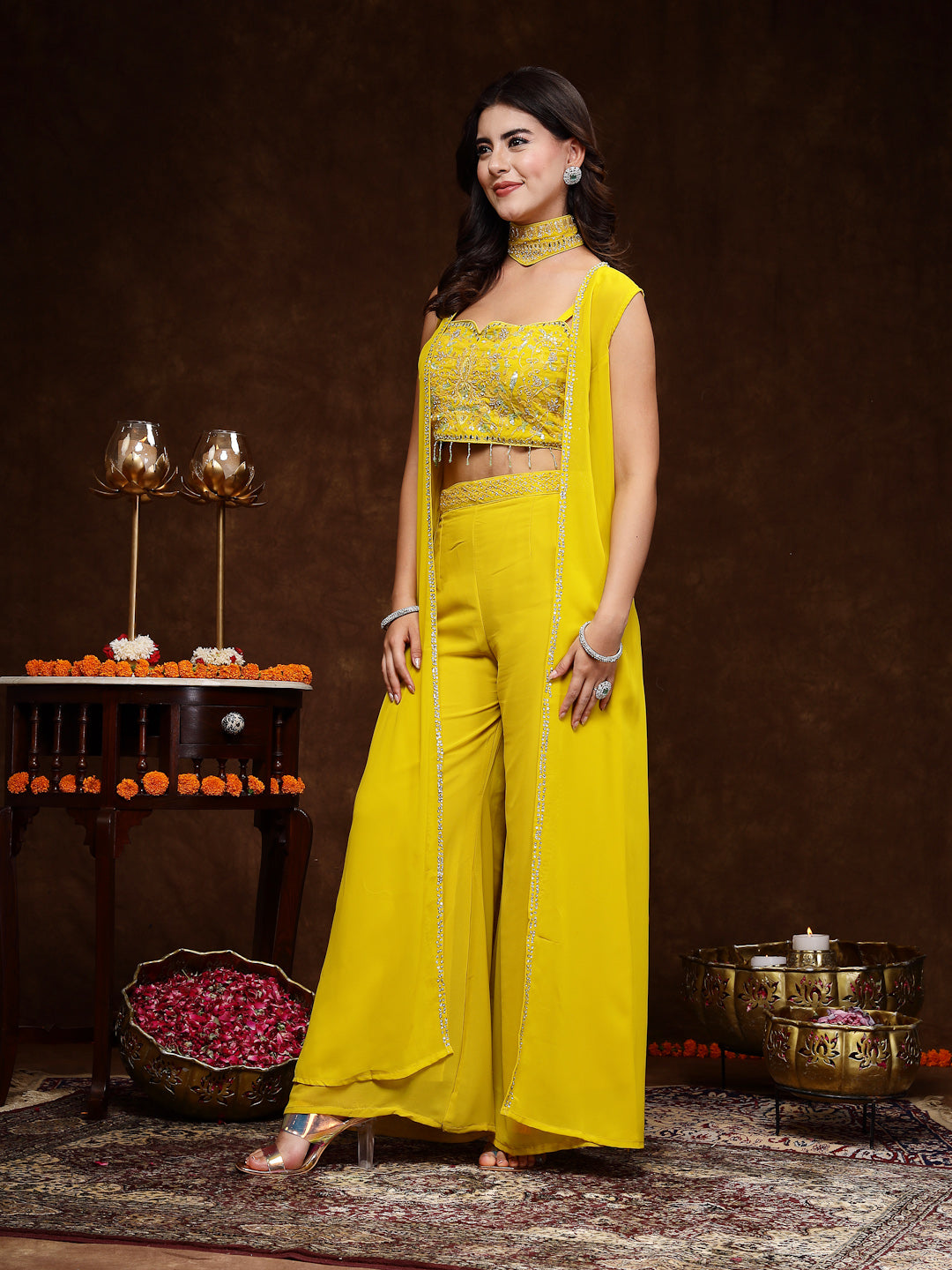 Women's Mustard Embellished Party Wear Georgette Palazzo & Blouse with Jacket