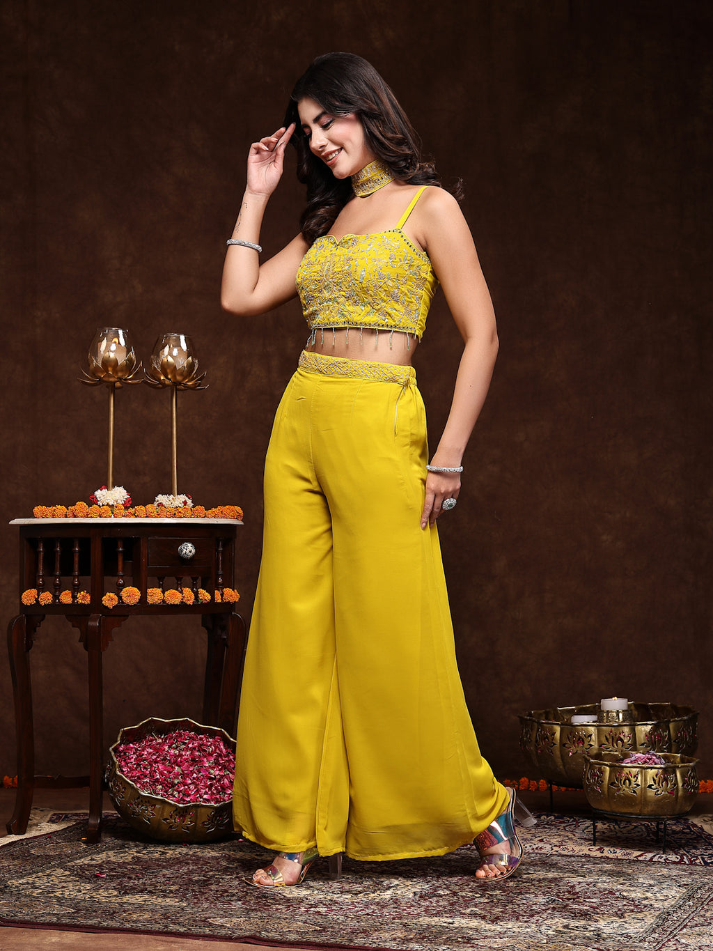Women's Mustard Embellished Party Wear Georgette Palazzo & Blouse with Jacket