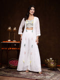 Women's White Embellished Party Wear Georgette Palazzo & Blouse with Jacket