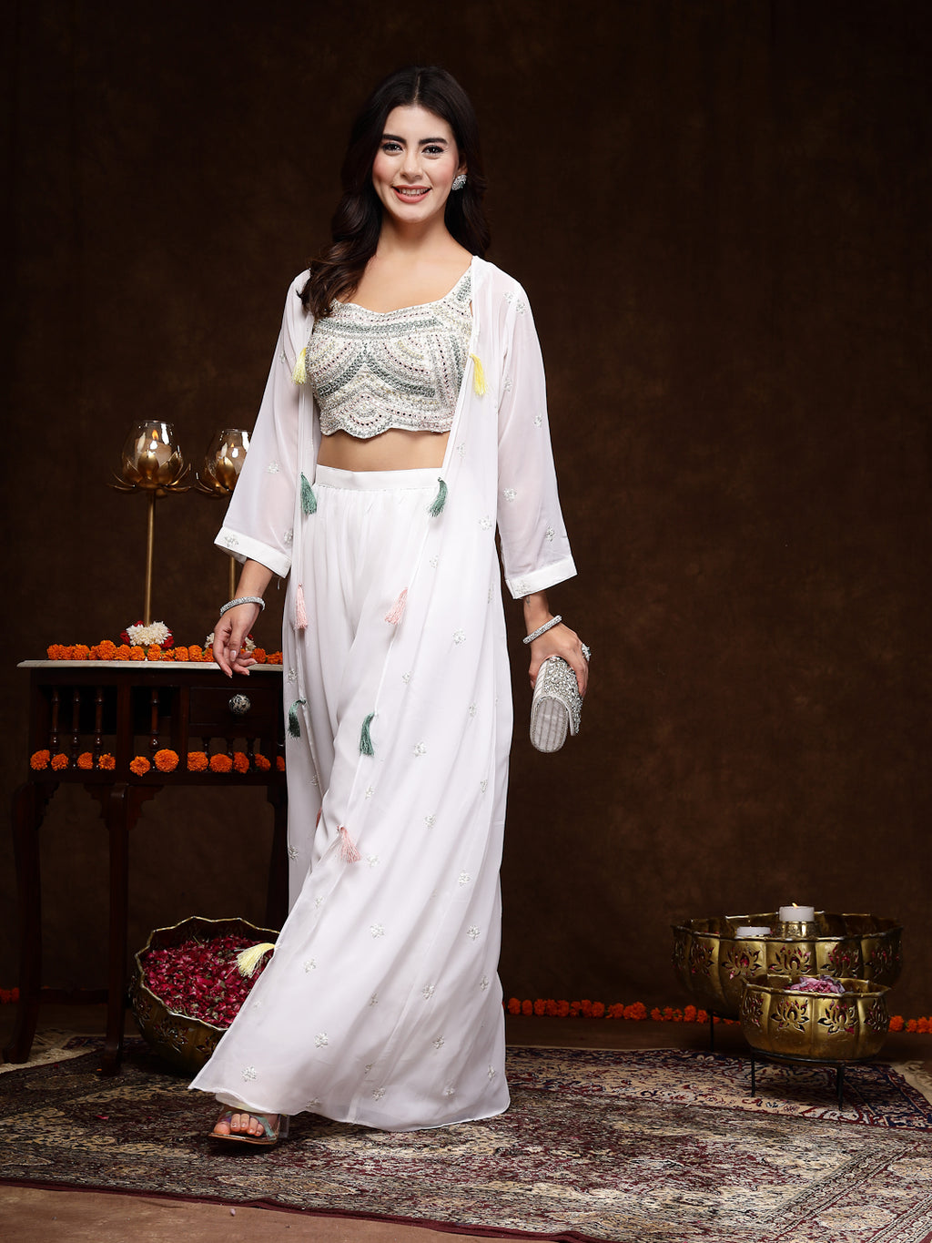 Women's White Embellished Party Wear Georgette Palazzo & Blouse with Jacket