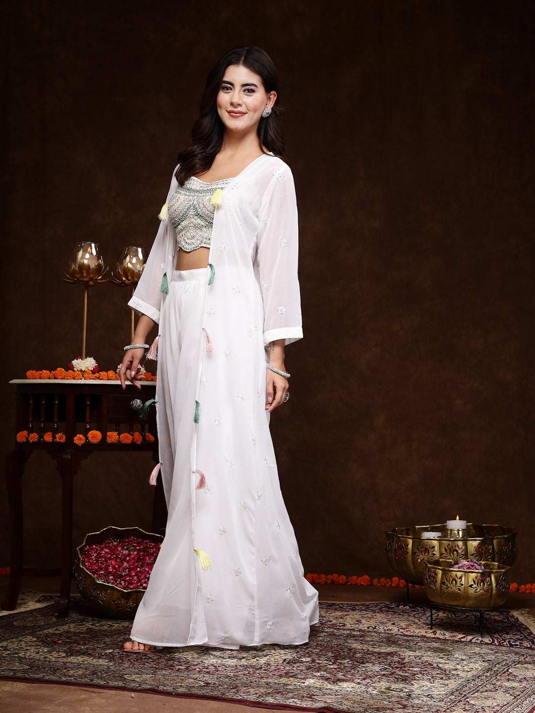 Women's White Embellished Party Wear Georgette Palazzo & Blouse with Jacket