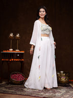Women's White Embellished Party Wear Georgette Palazzo & Blouse with Jacket