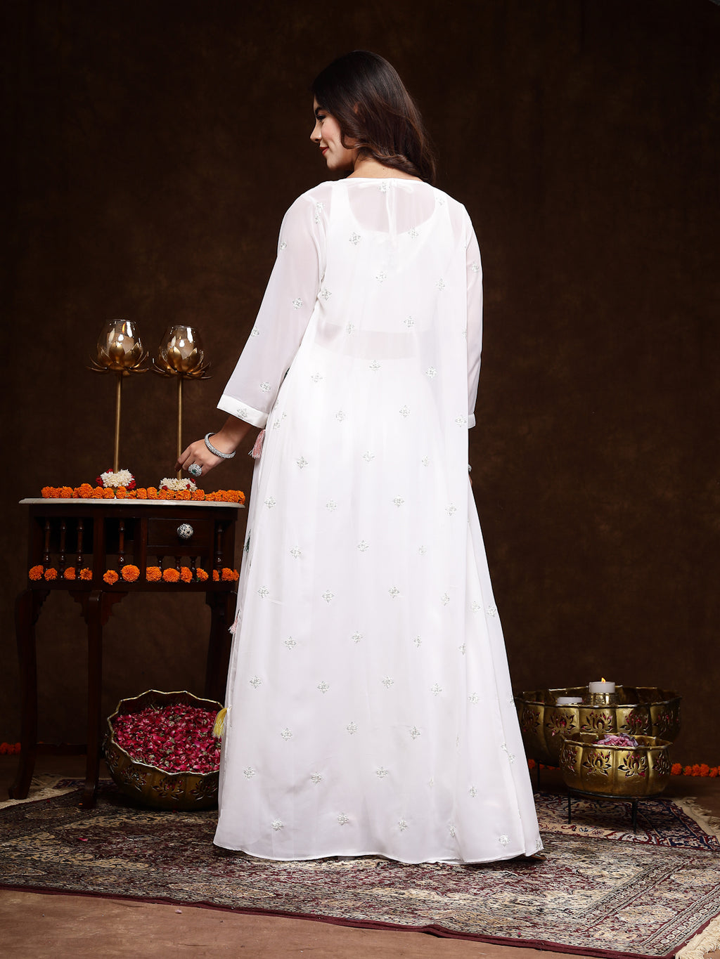 Women's White Embellished Party Wear Georgette Palazzo & Blouse with Jacket