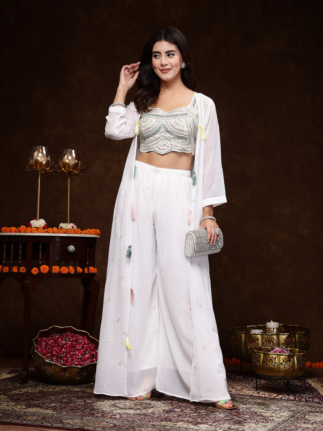 Women's White Embellished Party Wear Georgette Palazzo & Blouse with Jacket