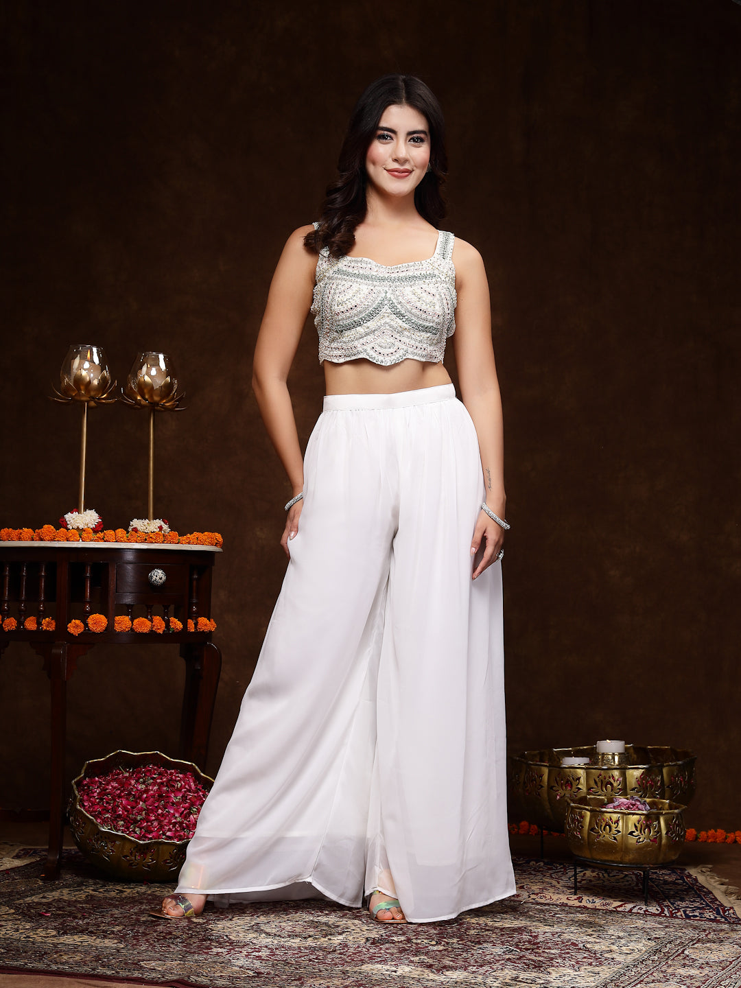 Women's White Embellished Party Wear Georgette Palazzo & Blouse with Jacket