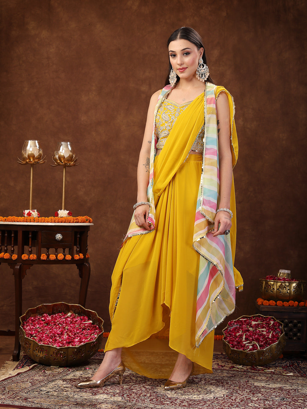 Women's Mustard Solid Georgette Draped Lehenga & Blouse with Printed Jacket