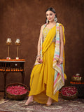 Women's Mustard Solid Georgette Draped Lehenga & Blouse with Printed Jacket