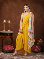 Women's Mustard Solid Georgette Draped Lehenga & Blouse with Printed Jacket