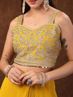 Women's Mustard Solid Georgette Draped Lehenga & Blouse with Printed Jacket