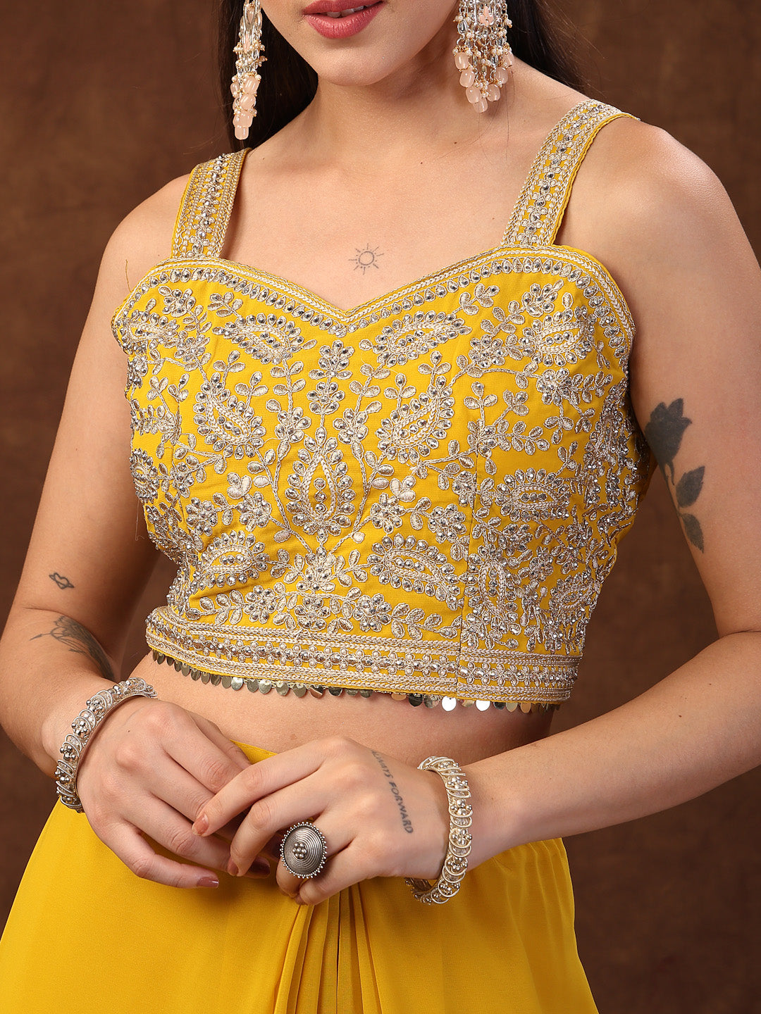 Women's Mustard Solid Georgette Draped Lehenga & Blouse with Printed Jacket