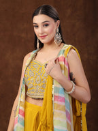 Women's Mustard Solid Georgette Draped Lehenga & Blouse with Printed Jacket