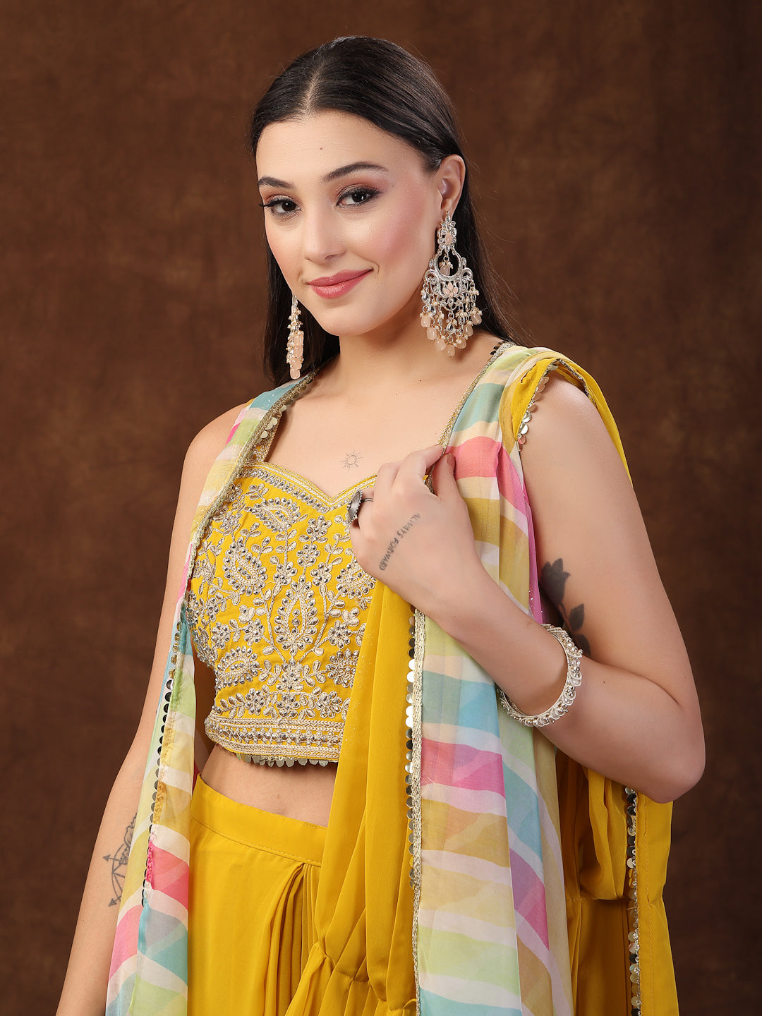 Women's Mustard Solid Georgette Draped Lehenga & Blouse with Printed Jacket