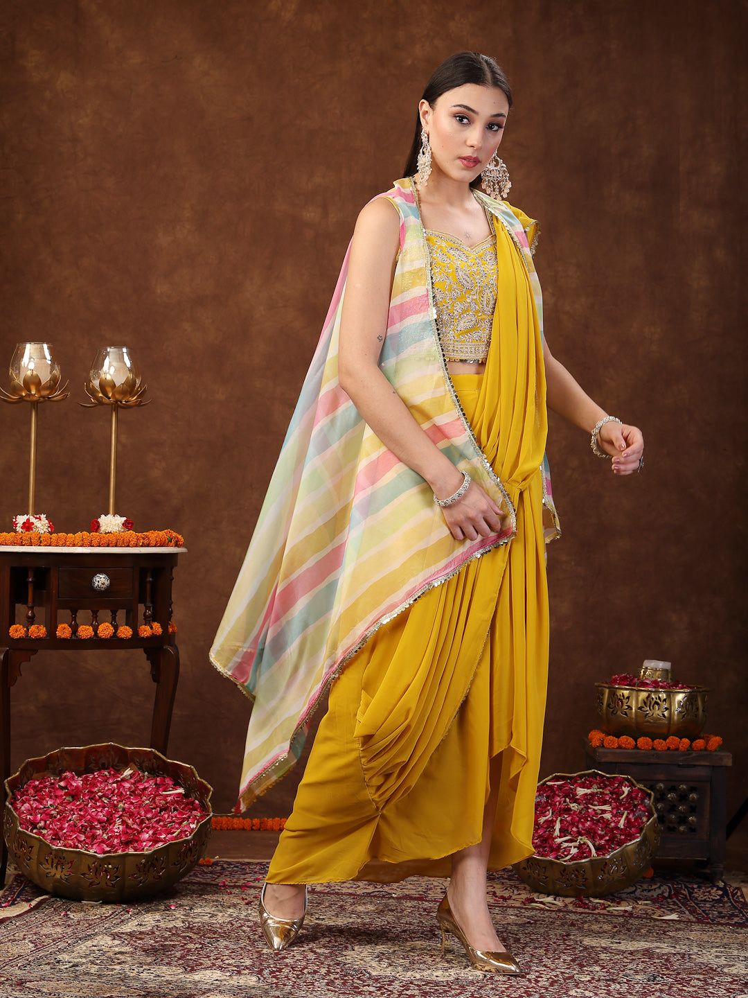 Women's Mustard Solid Georgette Draped Lehenga & Blouse with Printed Jacket