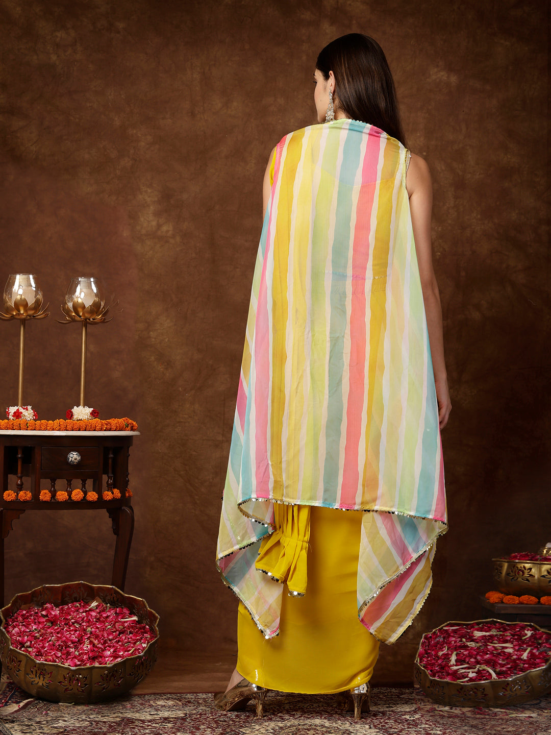 Women's Mustard Solid Georgette Draped Lehenga & Blouse with Printed Jacket