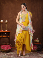 Women's Mustard Solid Georgette Draped Lehenga & Blouse with Printed Jacket