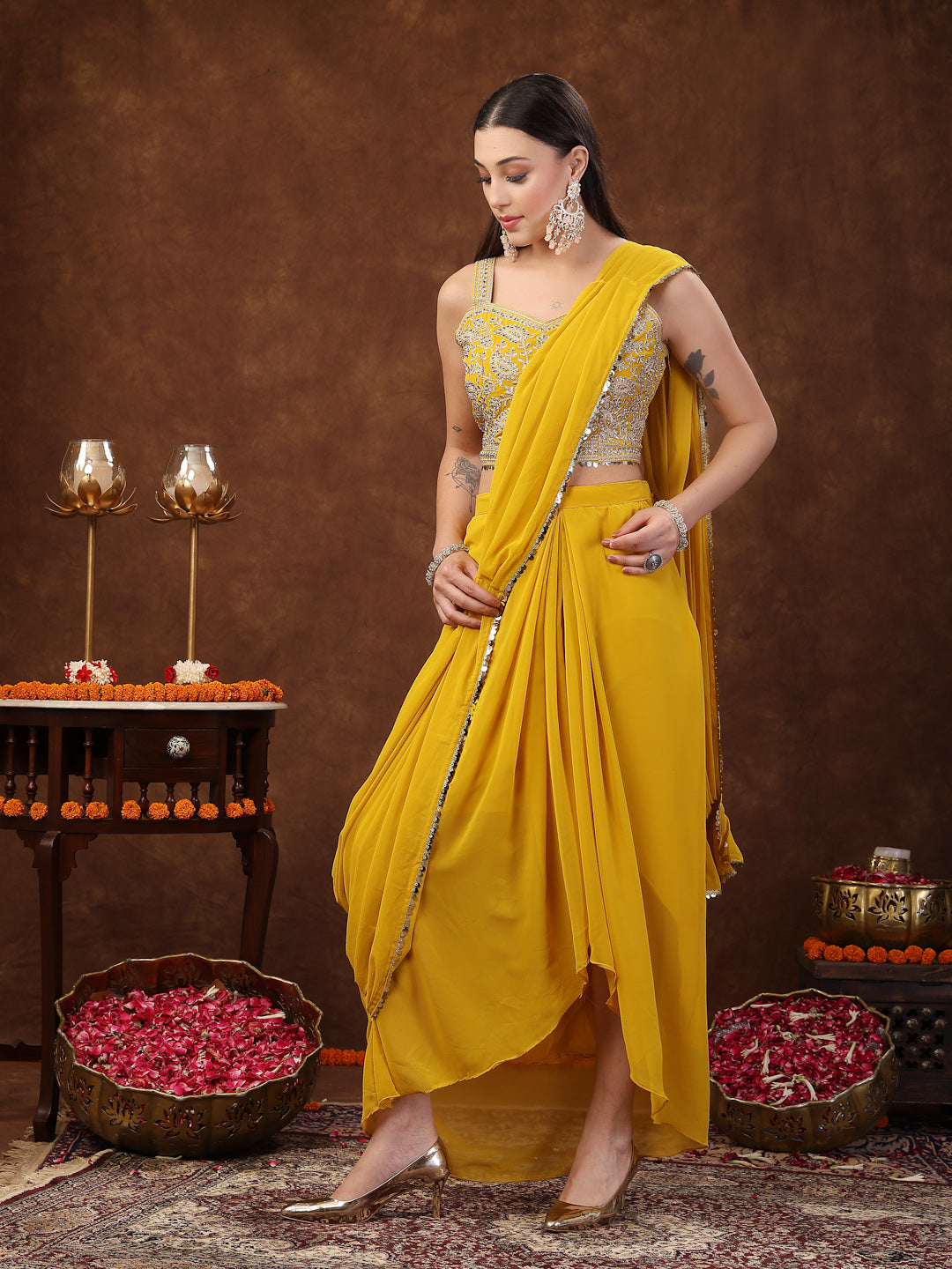Women's Mustard Solid Georgette Draped Lehenga & Blouse with Printed Jacket