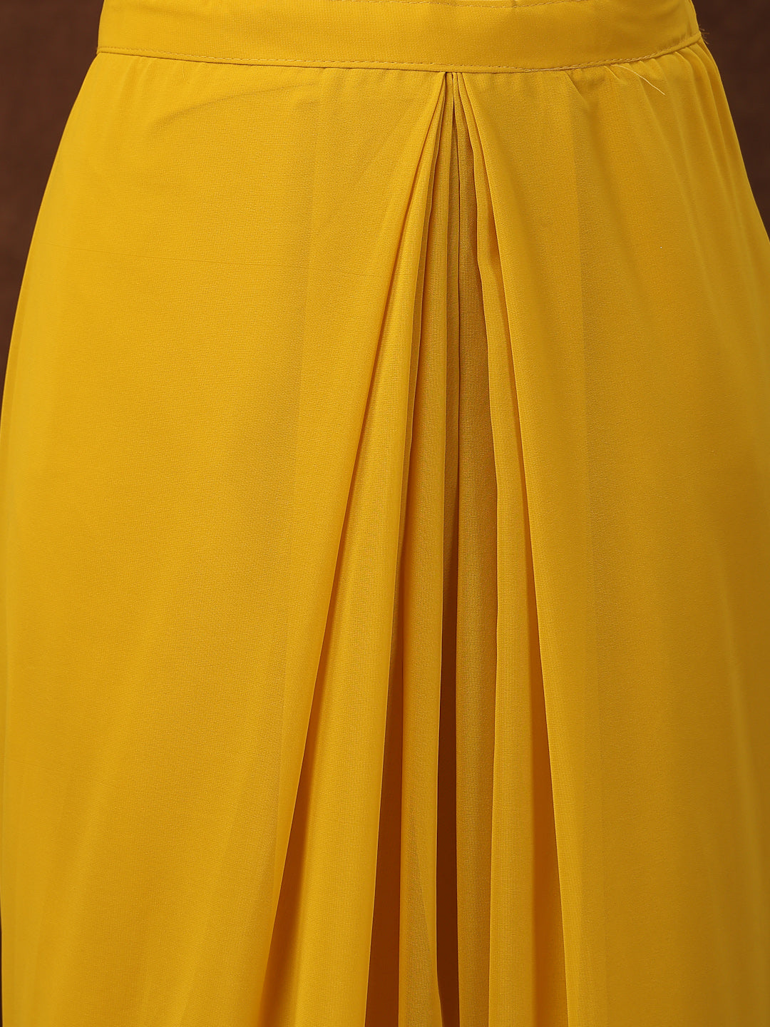 Women's Mustard Solid Georgette Draped Lehenga & Blouse with Printed Jacket