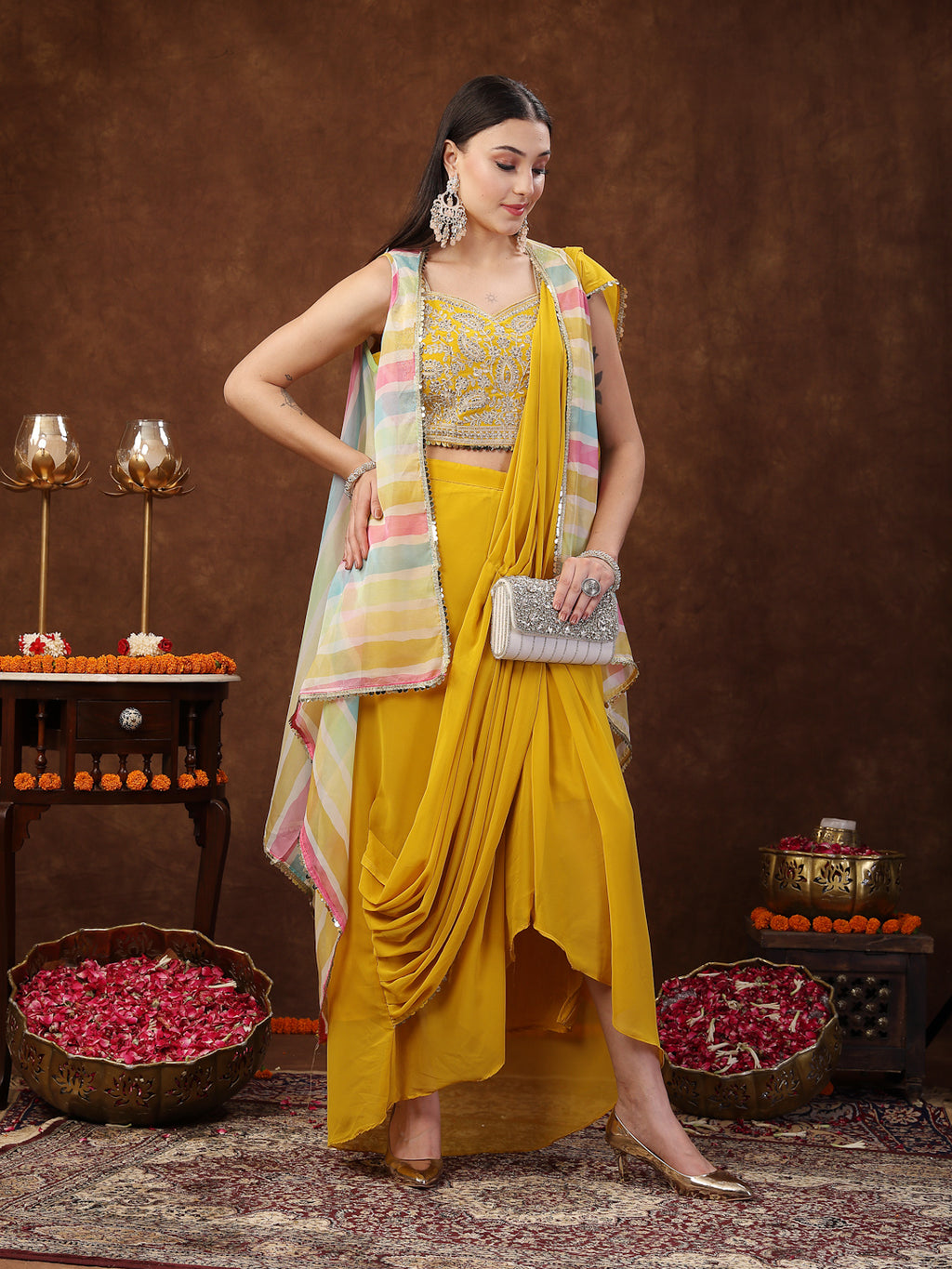 Women's Mustard Solid Georgette Draped Lehenga & Blouse with Printed Jacket