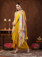 Women's Mustard Solid Georgette Draped Lehenga & Blouse with Printed Jacket
