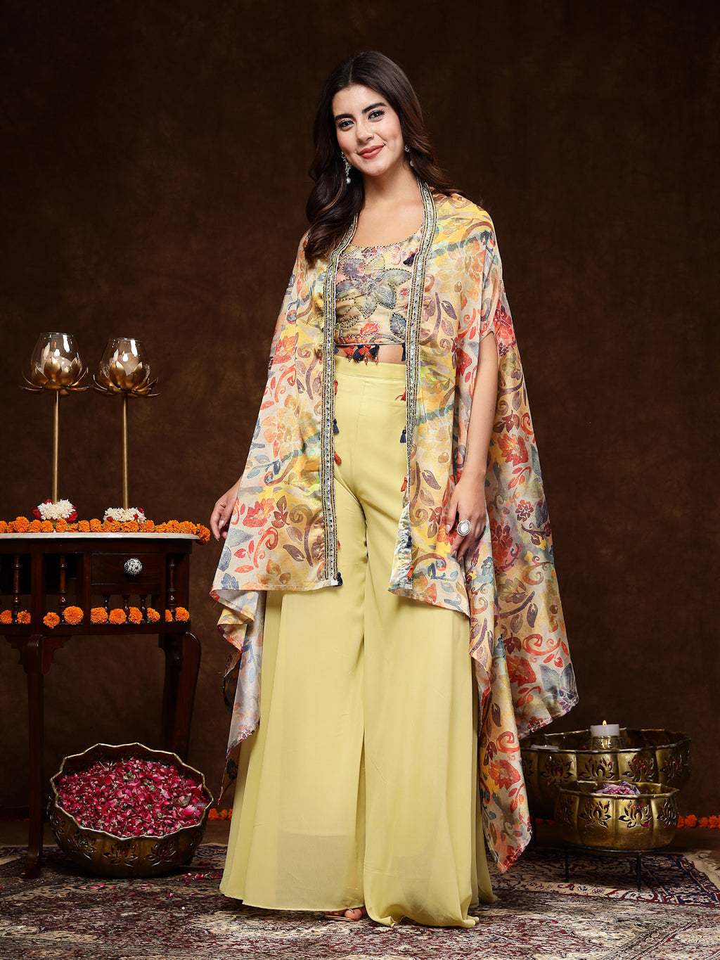 Women's Beige Printed Party Wear Georgette Palazzo & Blouse with Jacket