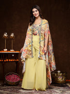 Women's Beige Printed Party Wear Georgette Palazzo & Blouse with Jacket