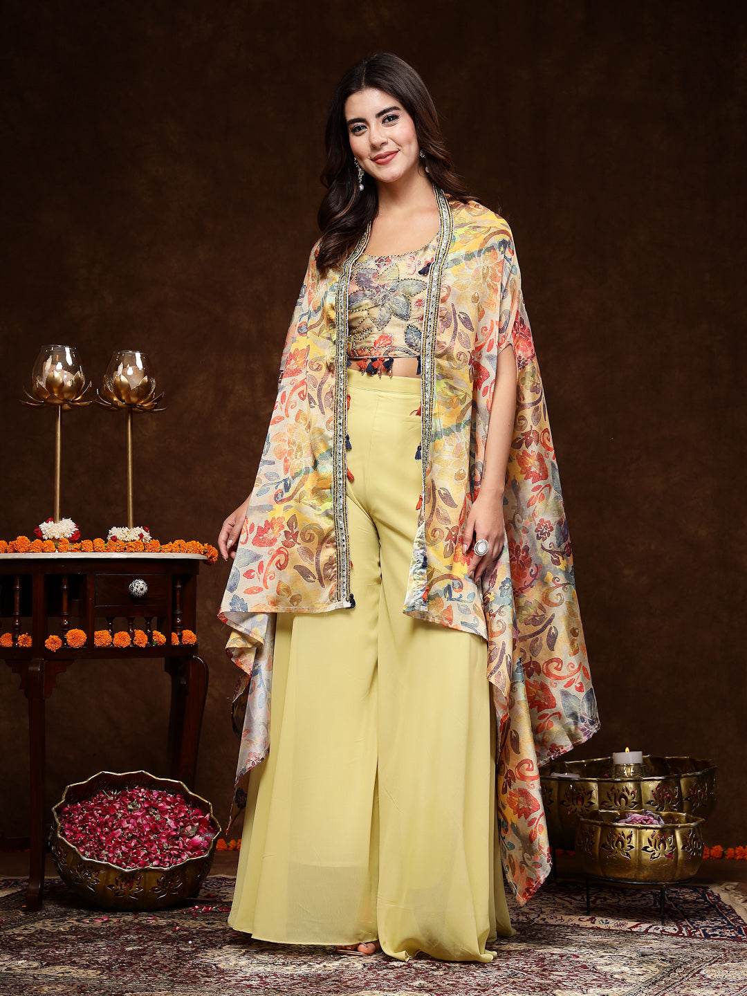 Women's Beige Printed Party Wear Georgette Palazzo & Blouse with Jacket