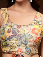 Women's Beige Printed Party Wear Georgette Palazzo & Blouse with Jacket