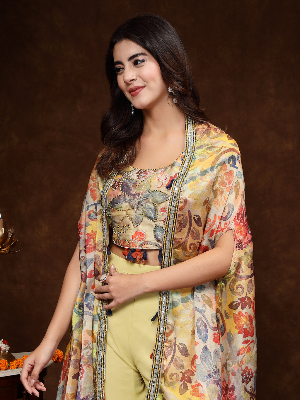 Women's Beige Printed Party Wear Georgette Palazzo & Blouse with Jacket