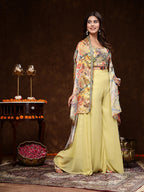 Women's Beige Printed Party Wear Georgette Palazzo & Blouse with Jacket