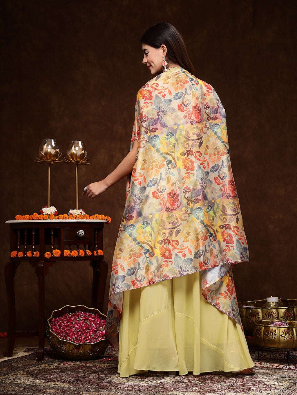 Women's Beige Printed Party Wear Georgette Palazzo & Blouse with Jacket